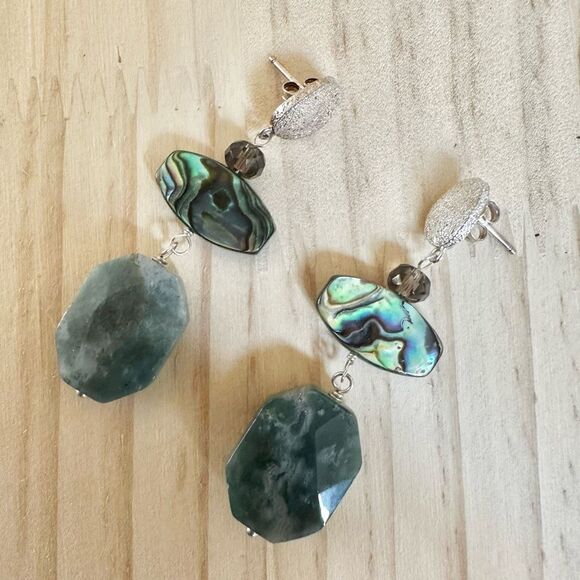 Sterling Silver Abalone  smoky quartz & Moss Agate Dangle Earrings - Picture 2 of 9
